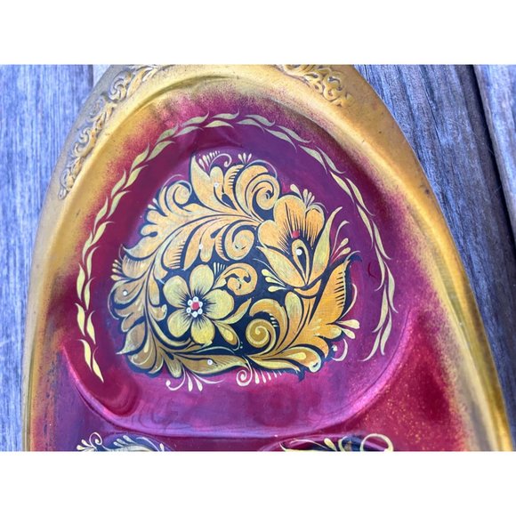 Vintage small Toleware Floral Tidbit relish tray Red Gold - Picture 10 of 11